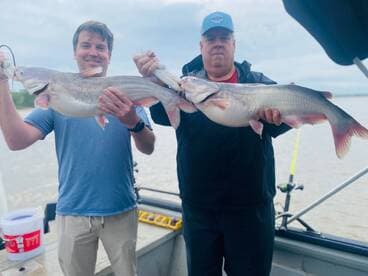 Two anglers proudly displaying their large catfish catch while fishing on a boat.
