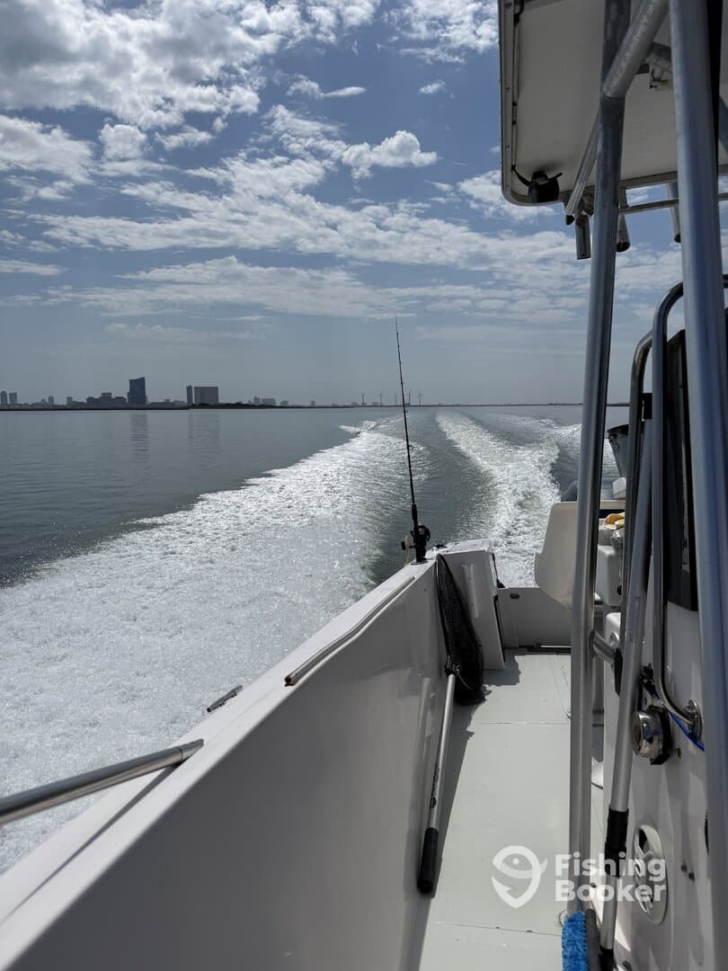 A view from the interior of a fishing boat, showcasing the helm and the wake created by the boat as it moves through calm waters, with a city skyline in the background.