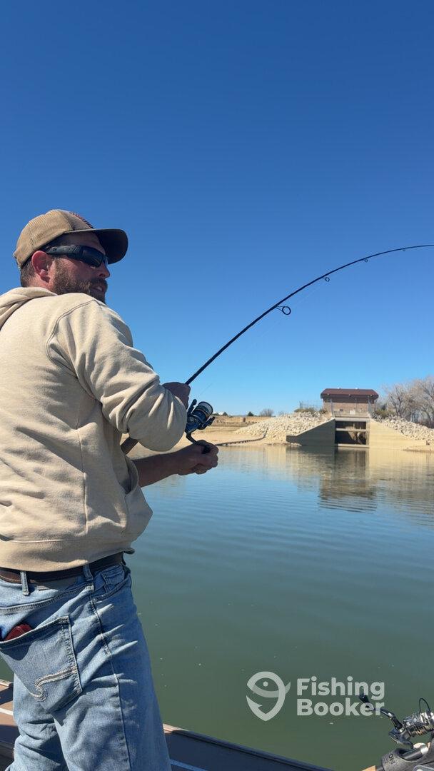 An angler actively reeling in a catch from a boat on a calm lake, showcasing the excitement of fishing in a serene environment.