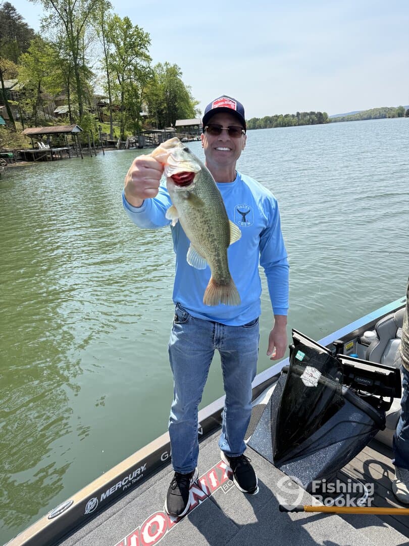 An angler proudly displaying a large Largemouth Bass while fishing on a serene lake, showcasing a beautiful spring day.