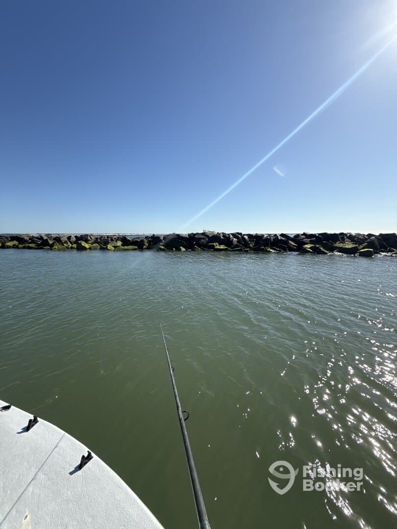 A fishing rod is positioned over the water, capturing the serene environment near a rocky jetty on a clear day.