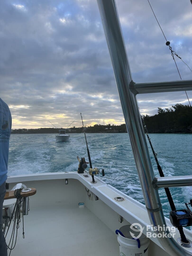 A scenic view from the helm of a fishing boat, showcasing the tranquil waters and another vessel in the distance during a fishing trip.