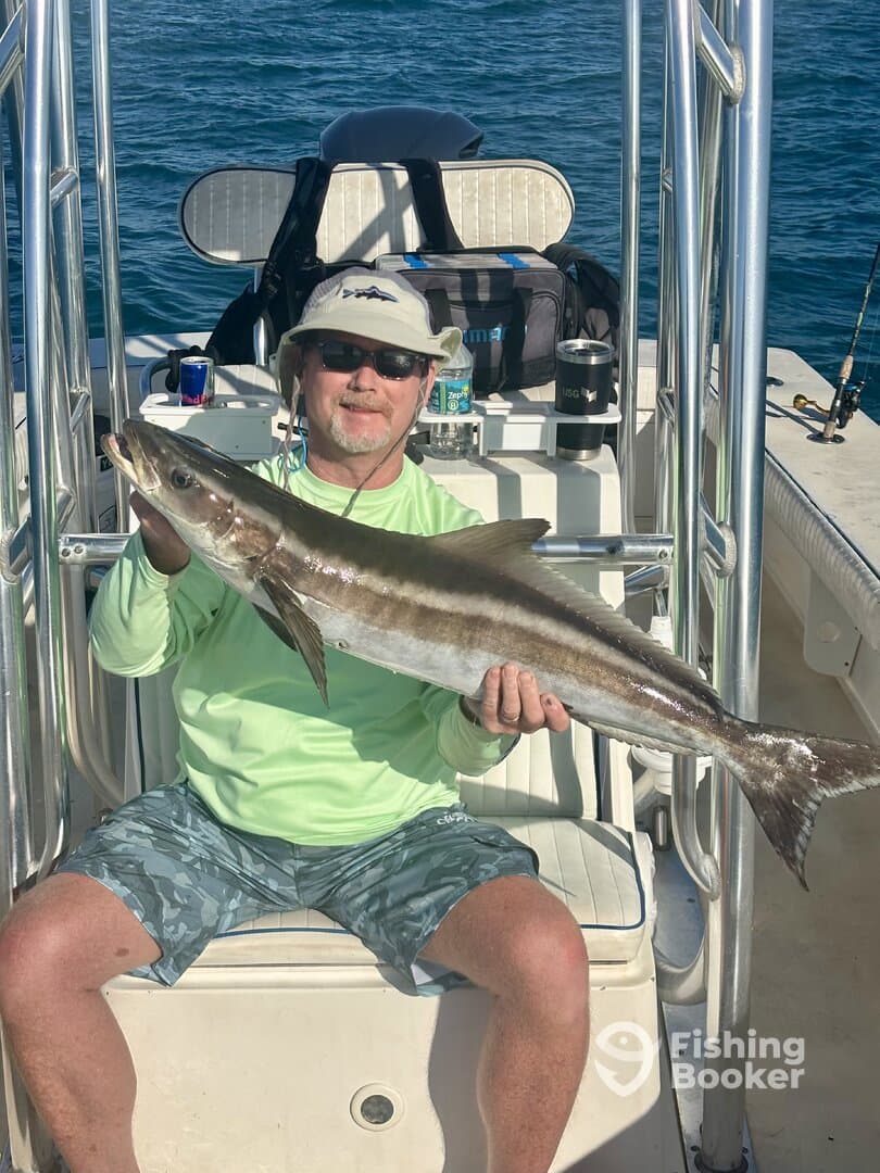 Angler proudly displaying a large Cobia while seated on a boat, showcasing a successful fishing trip.