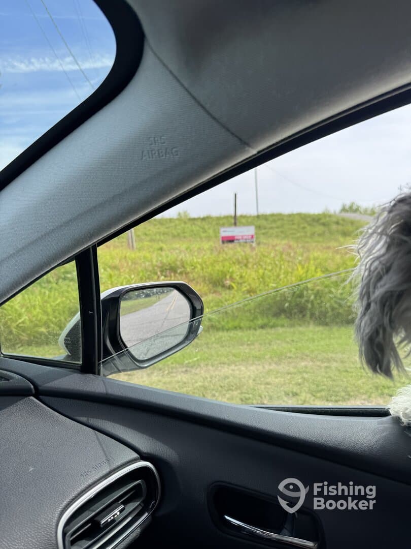 The image shows the interior of a car with a view of the outside, but lacks any clear subject related to fishing.