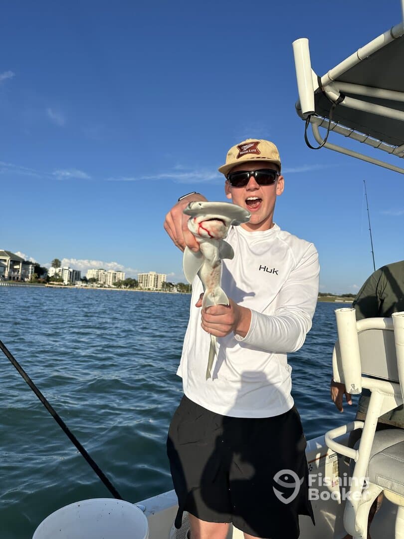 A young angler proudly displaying a small shark while fishing from a boat, with a scenic waterfront in the background.