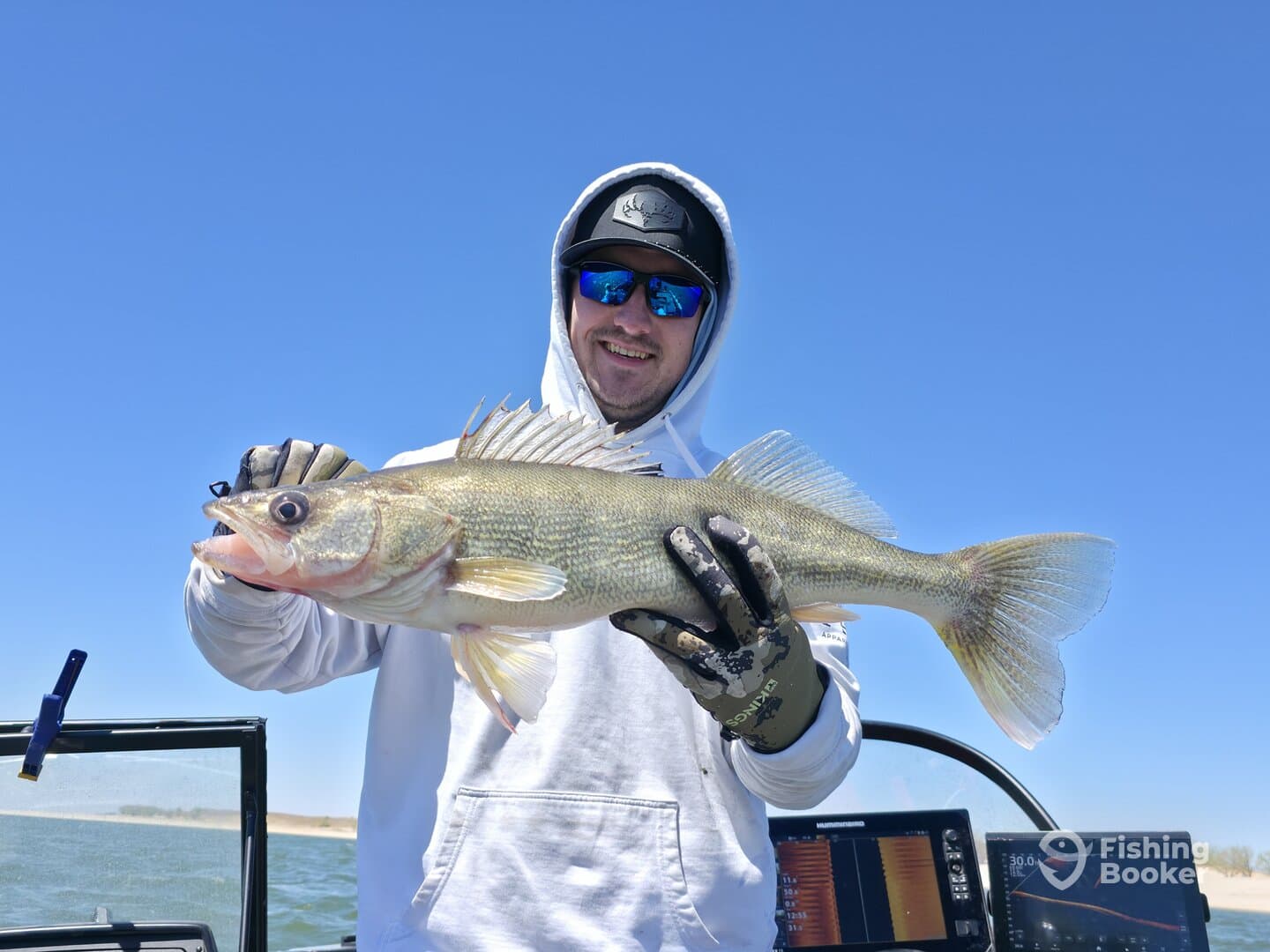 Angler proudly displaying a large Walleye while fishing on a sunny day, showcasing the excitement of a successful catch.