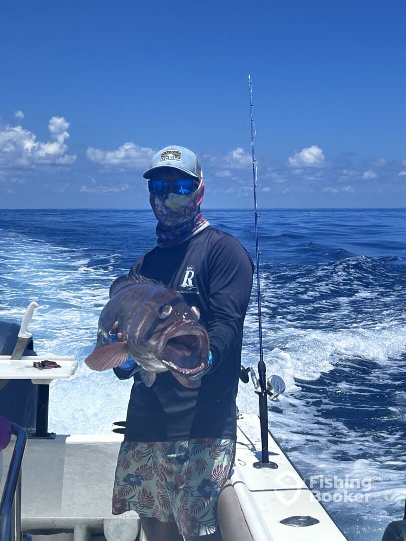 Angler proudly displaying a large Grouper while fishing offshore, with a clear blue sky and ocean in the background.
