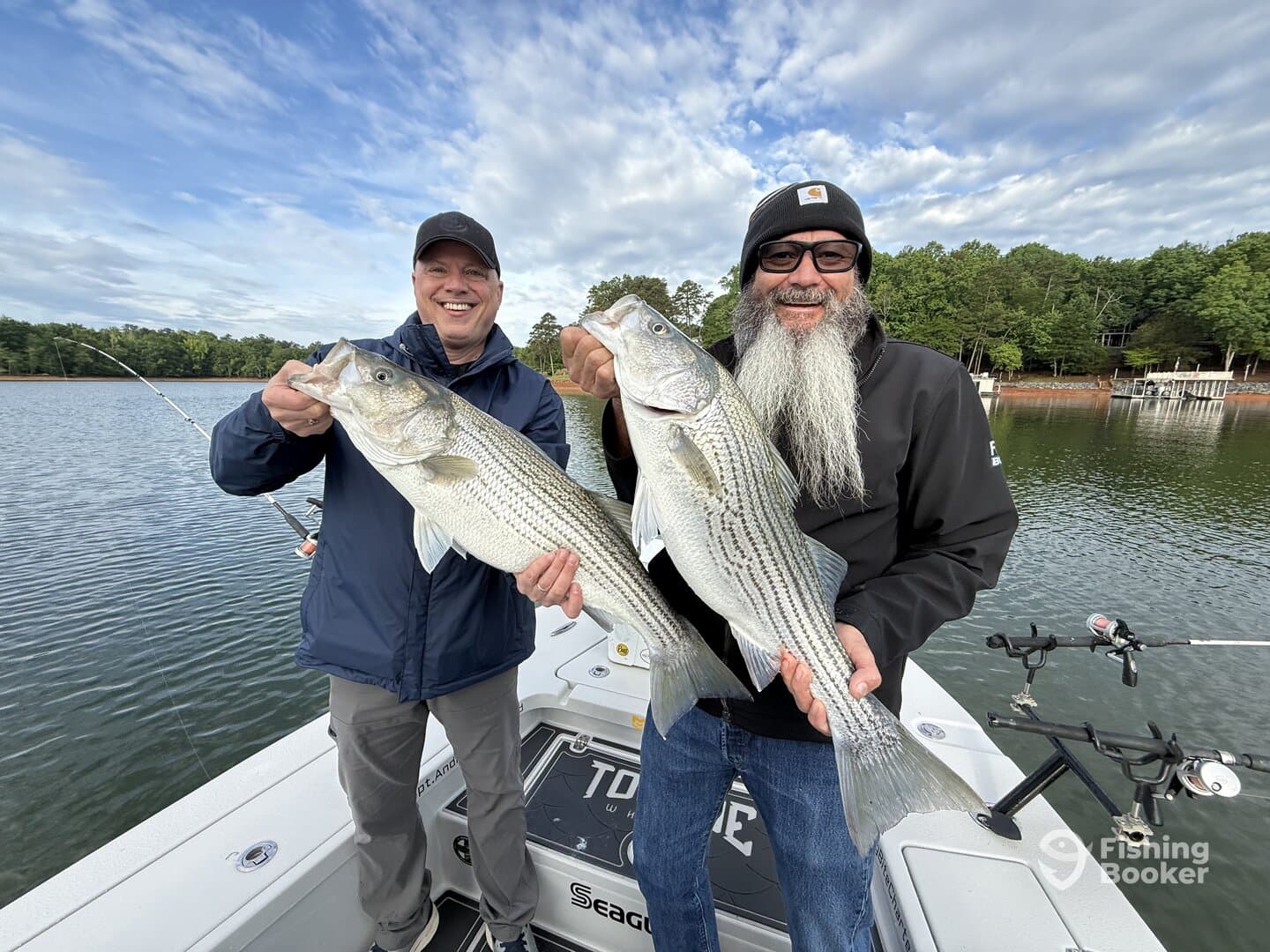 Two anglers proudly displaying their catch of striped bass while fishing on a serene lake.