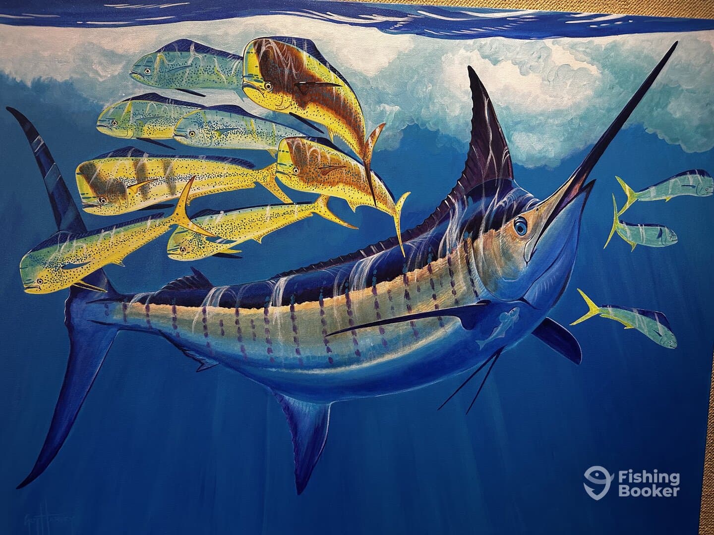 An artistic depiction of a Marlin surrounded by various species of fish, showcasing vibrant colors and underwater scenery.