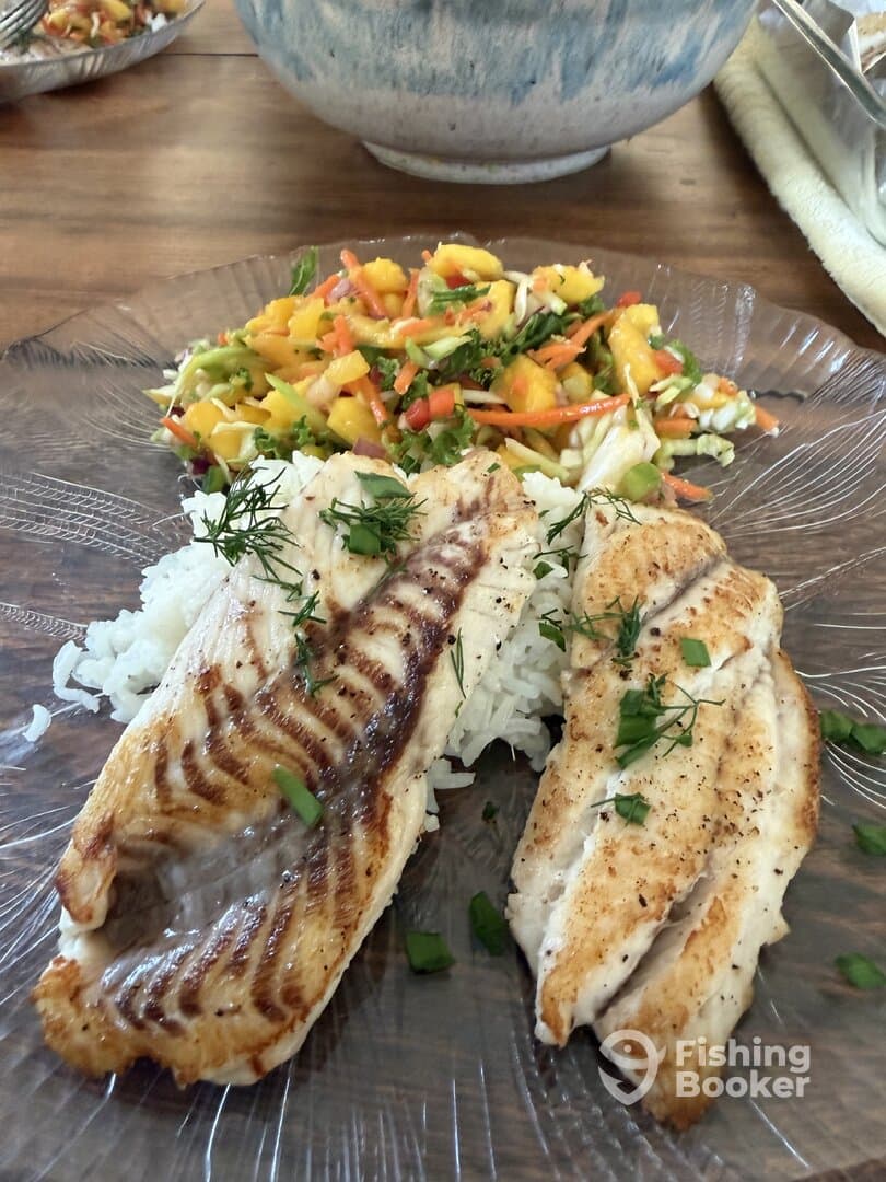 Deliciously prepared fish fillets served on a plate with rice and a colorful mango salad, showcasing a fresh catch from a recent fishing trip.