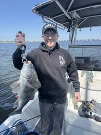 Angler proudly displaying a large Black Drum while fishing from a boat on a sunny day.