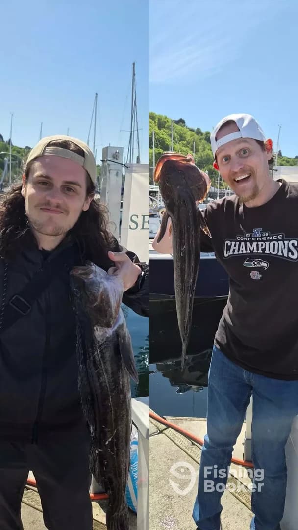Two anglers proudly displaying their large catches of Lingcod at the marina, showcasing a successful day of fishing.