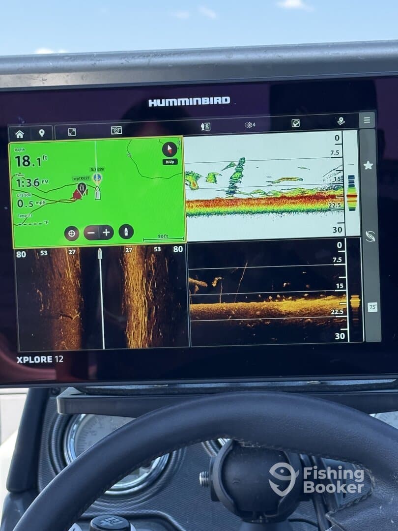 A detailed view of a Humminbird fish finder displaying depth, GPS, and sonar readings, showcasing advanced fishing technology on a boat.