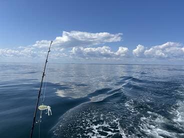 A serene view of the ocean with a fishing rod and lure in the foreground, capturing a peaceful moment on the water.