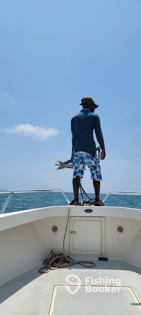 A lone angler stands at the bow of a boat, gazing out at the open sea under a clear blue sky.