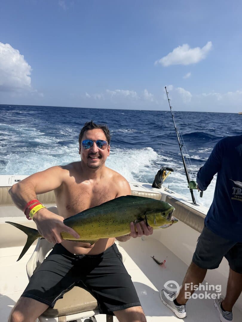 Angler proudly displaying a vibrant Mahi Mahi while fishing on a boat in open waters.