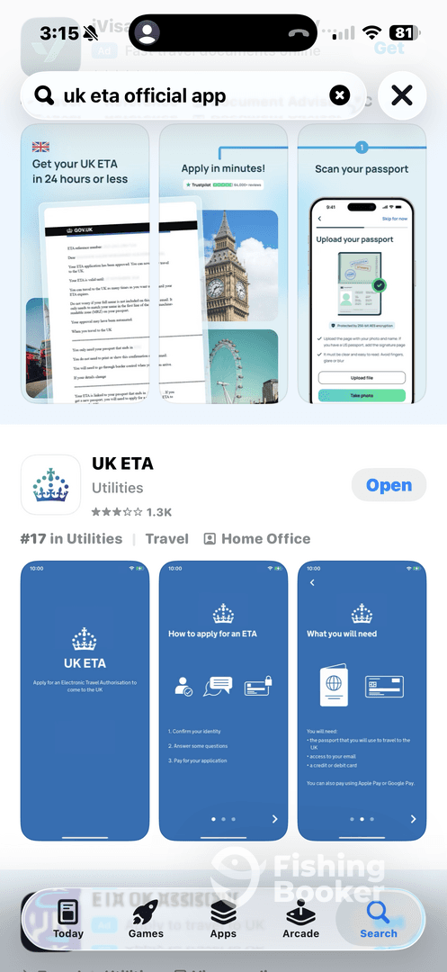 Screenshot of the UK ETA official app interface, showing application steps and requirements.