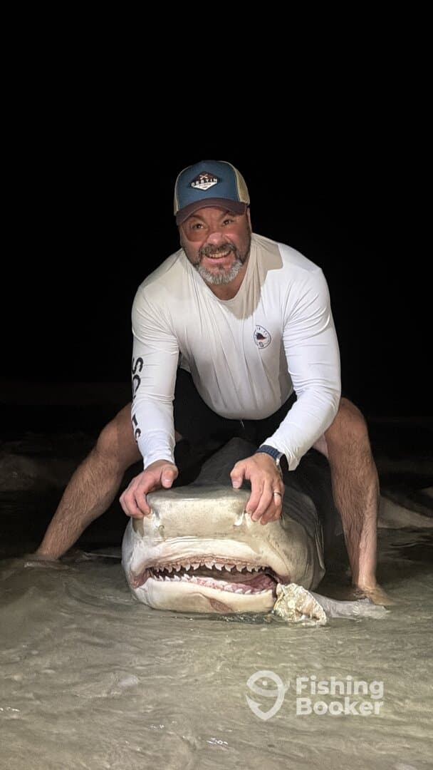 Angler proudly displaying a large shark caught during a night fishing adventure.