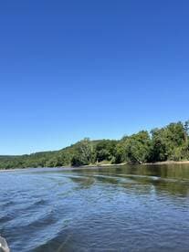 A scenic view of a river with lush greenery along the banks, captured from the side of a boat on a clear day.
