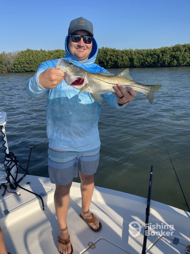 Angler proudly displaying a large Snook while fishing from a boat in a scenic mangrove setting.