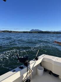 A scenic view of a fishing boat in action, with a fisherman casting a line against a backdrop of mountains and clear blue skies.