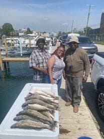 A group of anglers proudly displaying their catch of Walleye on a dock after a successful fishing trip.
