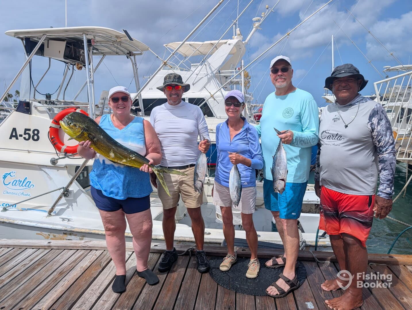 A group of anglers proudly displaying their catch, including a large Mahi Mahi and several smaller fish, at the dock after a successful fishing trip.
