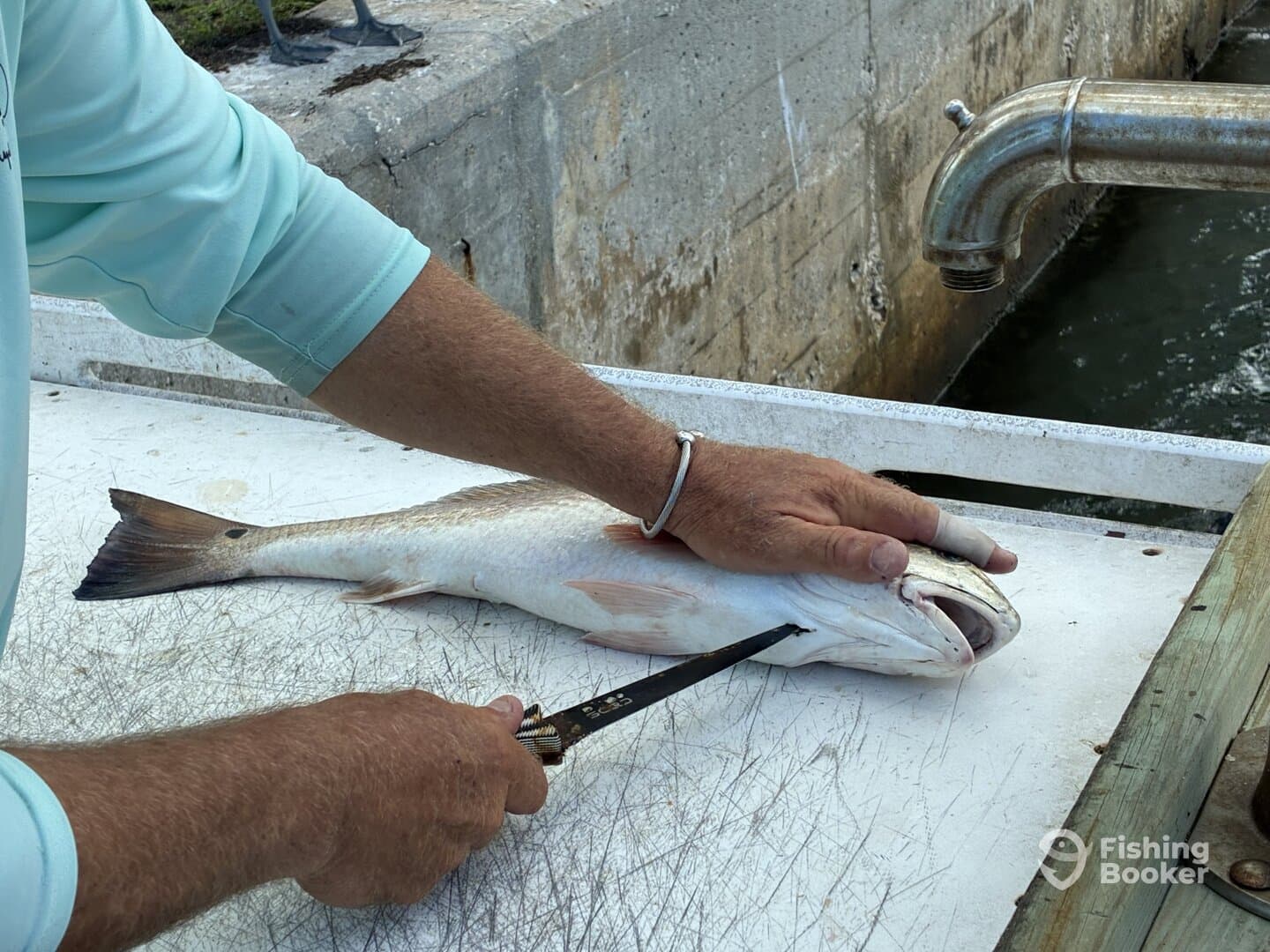 A fisherman filleting a freshly caught fish on a cleaning table at the dock, showcasing the process of preparing a catch.