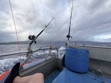 Interior view of a fishing boat showing fishing rods and a cooler, with a scenic backdrop of cloudy skies and distant land.