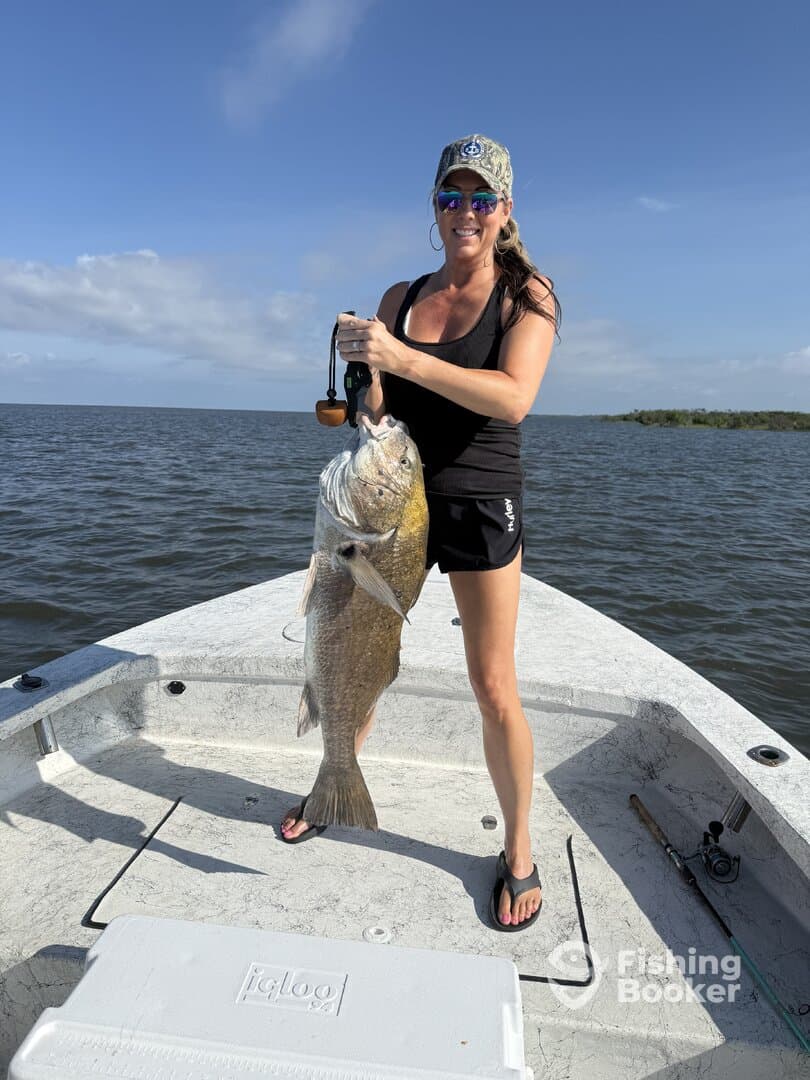 Angler proudly displaying a large Black Drum while fishing on a sunny day.
