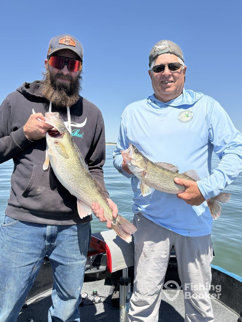 Two anglers proudly displaying their catch of Walleye while fishing on a sunny day.