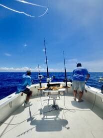 Two anglers actively fishing on a boat in open waters, showcasing a bright sunny day and a well-equipped fishing setup.