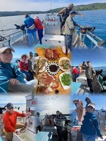 A lively group of anglers enjoying a fishing trip, showcasing their catch including crabs and various fish aboard a charter boat.