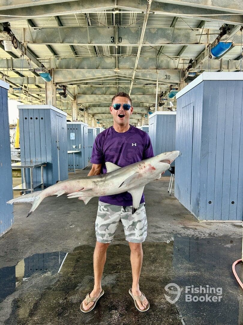 Angler proudly displaying a large shark at a fishing dock, showcasing a successful catch.
