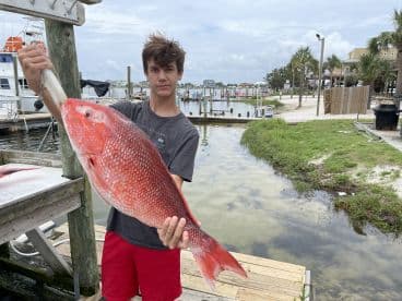 A young angler proudly displaying a large Red Snapper at the dock, showcasing a successful fishing trip.