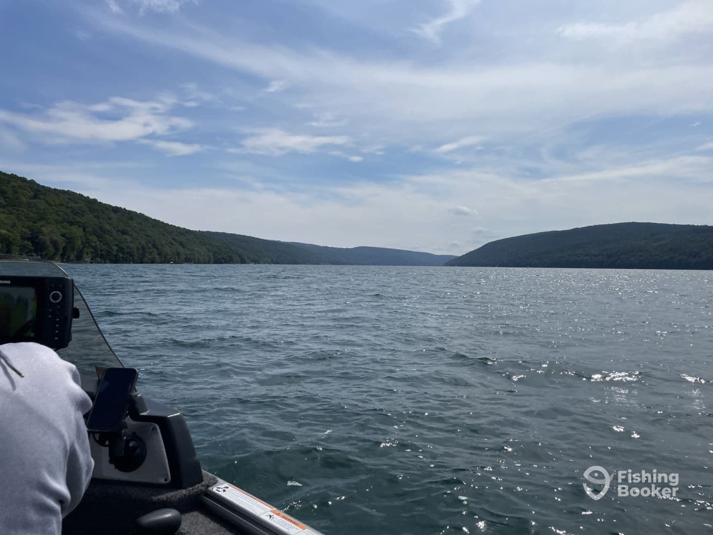 A scenic view of a fishing boat on a calm lake, showcasing lush green hills in the background and a clear sky.