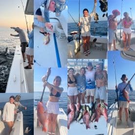 A lively group of anglers enjoying a day of fishing on a boat, showcasing various catches including Snapper and Grouper in the open sea.
