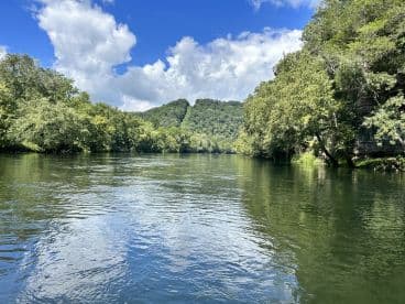 Scenic view of a tranquil river surrounded by lush greenery and hills, ideal for fishing adventures.