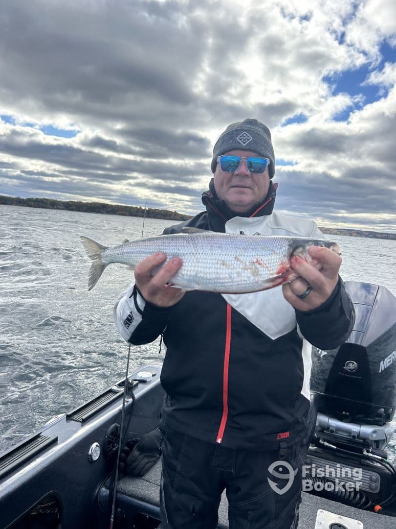 Angler proudly displaying a freshly caught fish while on a boat, surrounded by a scenic water backdrop.