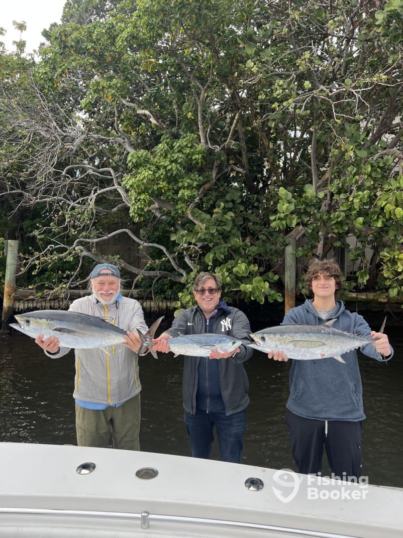 Three anglers proudly displaying their catch of Kingfish after a successful fishing trip in a coastal waterway.