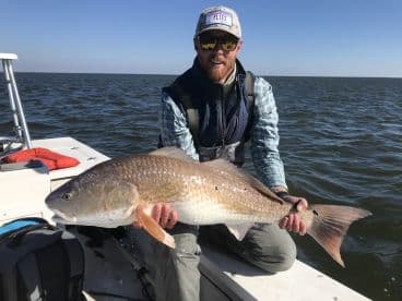 An angler proudly displaying a large Redfish while on a fishing trip in open waters.