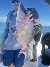Angler proudly displaying a large Snapper while fishing on a boat in clear blue waters.