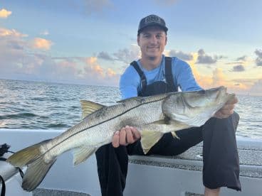 Angler proudly displaying a large Snook while fishing on a boat during a beautiful sunset.