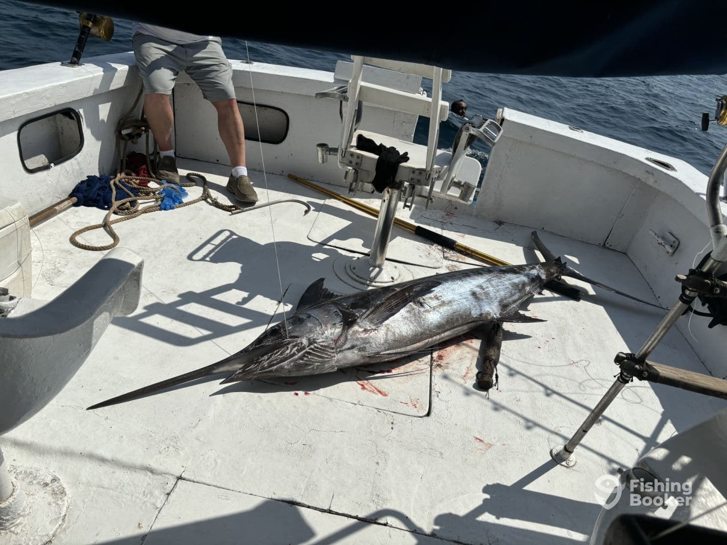 A large swordfish displayed on the deck of a fishing boat, showcasing a successful deep-sea fishing trip.