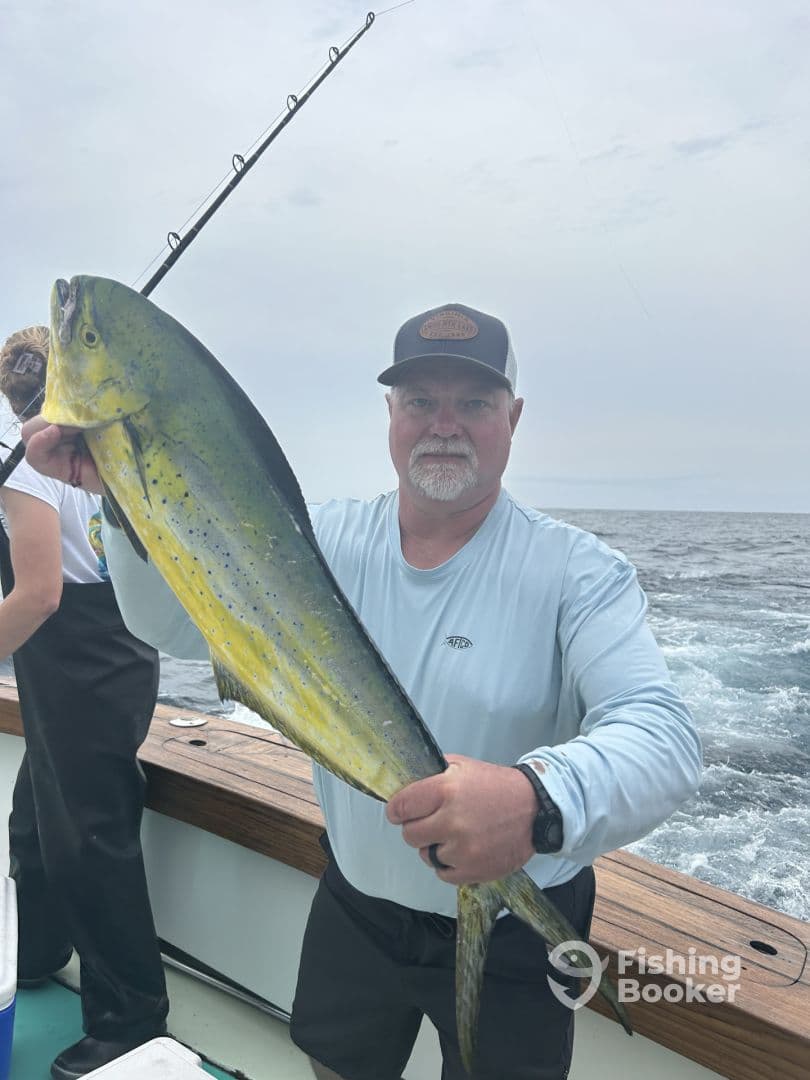 An angler proudly displaying a vibrant Mahi Mahi while fishing offshore, showcasing the excitement of a successful catch.