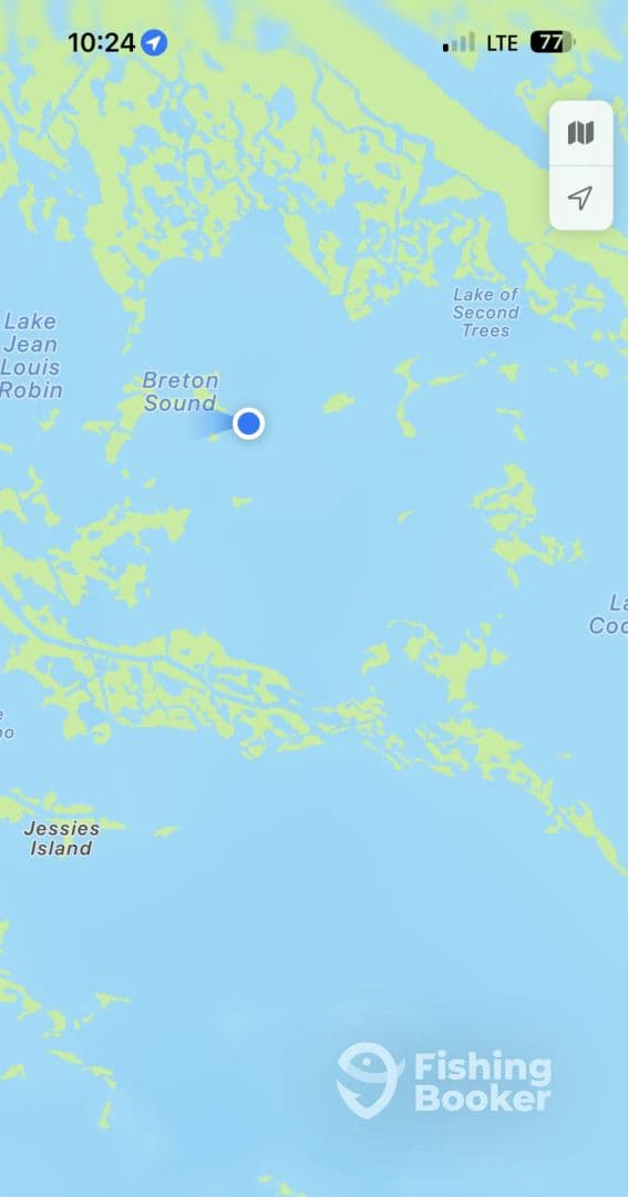 Map view of Breton Sound, showing various nearby lakes and islands, with no fishing activity visible.