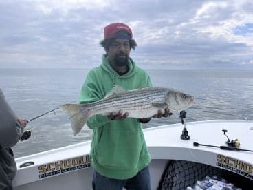 Angler proudly displaying a large Striped Bass while fishing on a charter boat, with calm waters in the background.