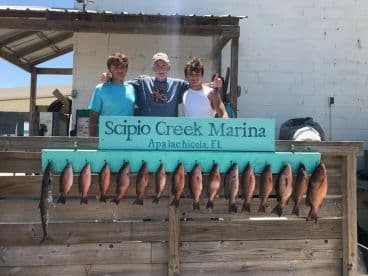 A group of young anglers proudly posing with their catch of Snapper and a Mackerel displayed on a catch board at Scipio Creek Marina in Apalachicola, FL.