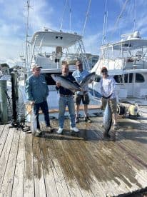 Four anglers proudly displaying their catch of large Tuna on the dock after a successful offshore fishing trip.
