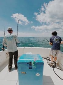 Two anglers actively fishing on a boat, casting lines into the open water under a bright blue sky.